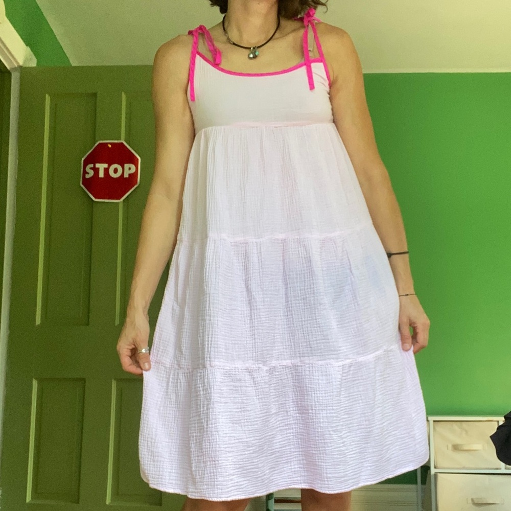 Honorine pink cotton silk trim strap summer tiered dress